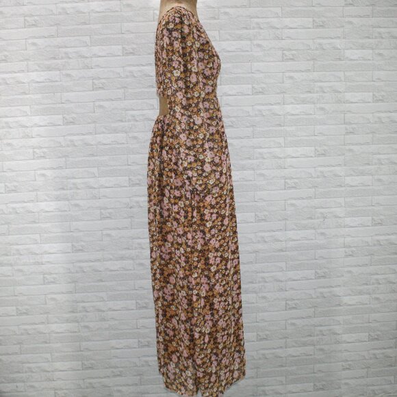 LUSH Dress Floral Fall Cut Out Bare Midriff Shirred Elastic Long Sleeve Boho SM - Picture 4 of 14